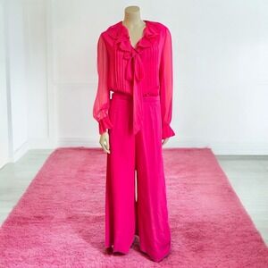 Vintage Hot Pink Silk Chiffon Bell Bottom Pants & Pleated Blouse W Bow 14